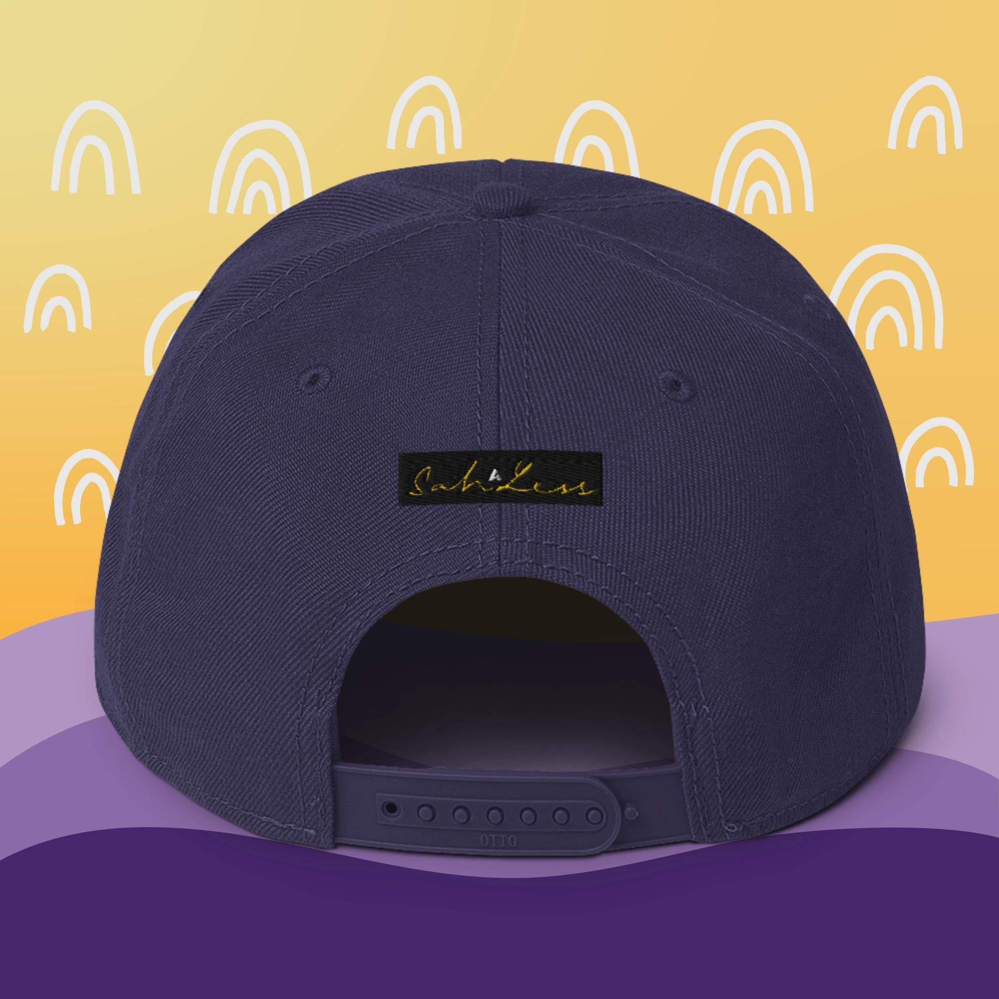 Snapback SahLess Hat with high-profile design and plastic snap closure.
