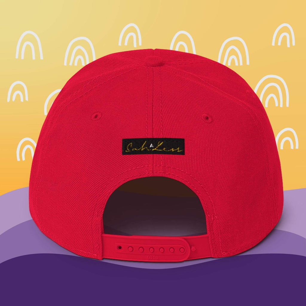 Red Snapback SahLess Hat with flat visor and grey under visor.