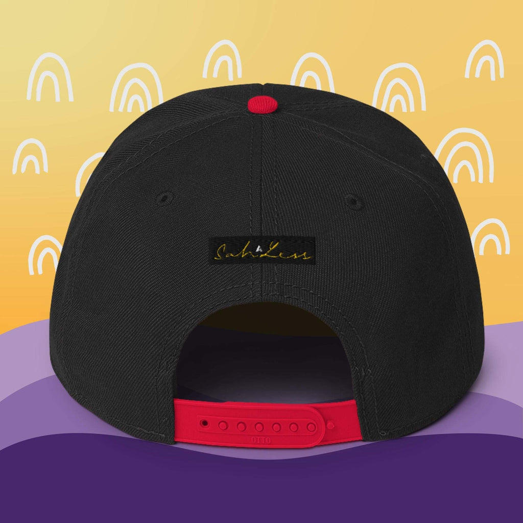Snapback SahLess Hat with high-profile structure and plastic snap closure.