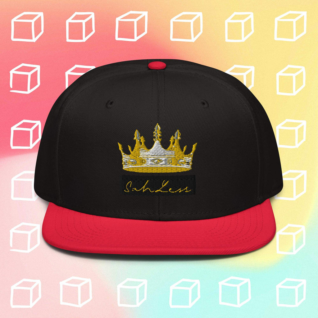 Snapback SahLess Hat with flat visor and grey under visor, featuring a structured, high-profile design.