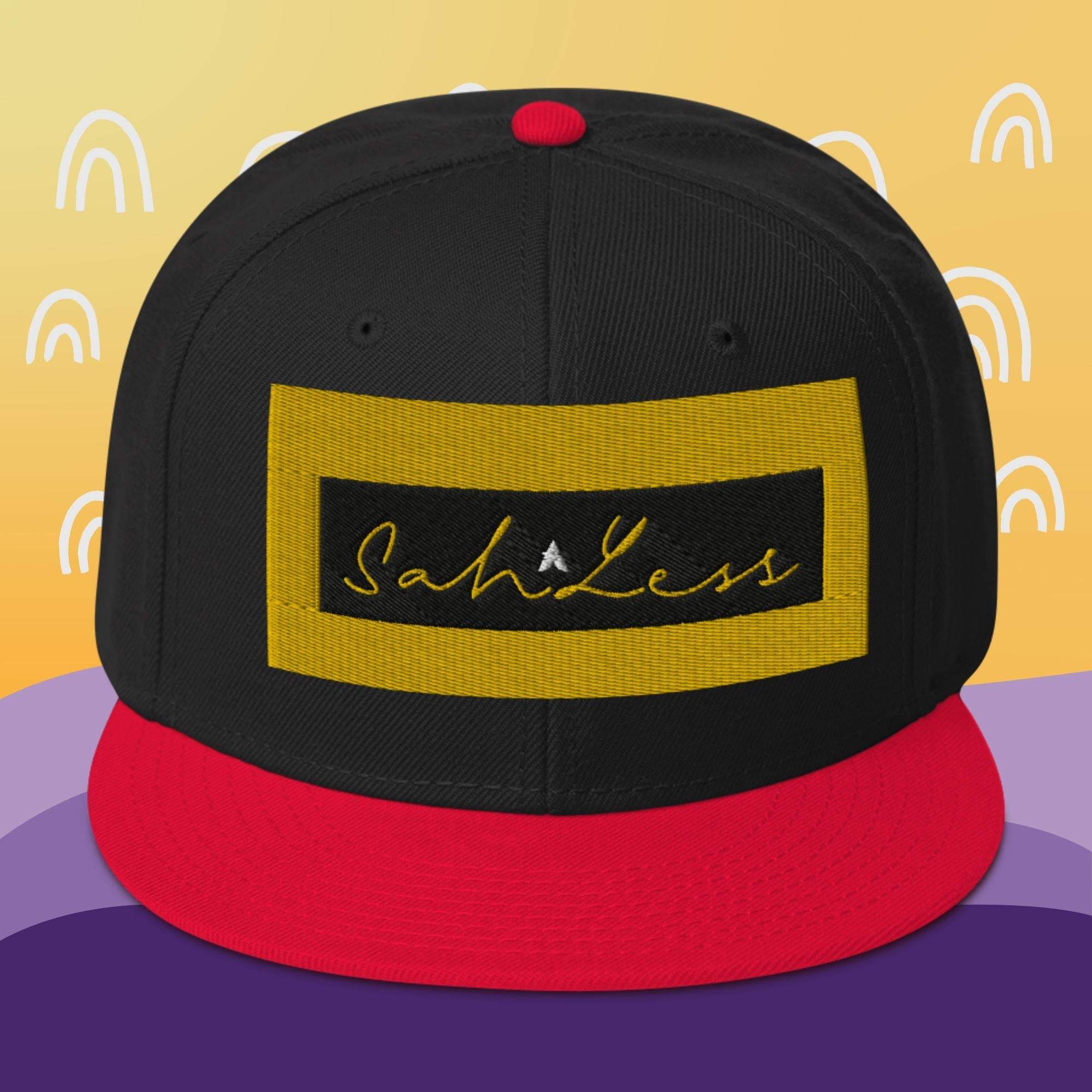 Snapback SahLess Hat with flat visor and structured high-profile design.