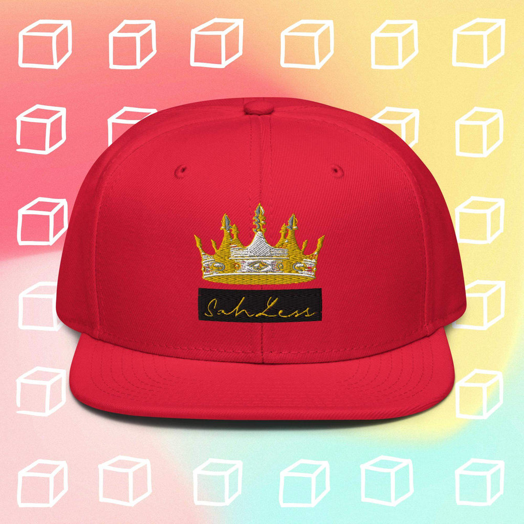 Snapback SahLess Hat with flat visor and crown design on red background.