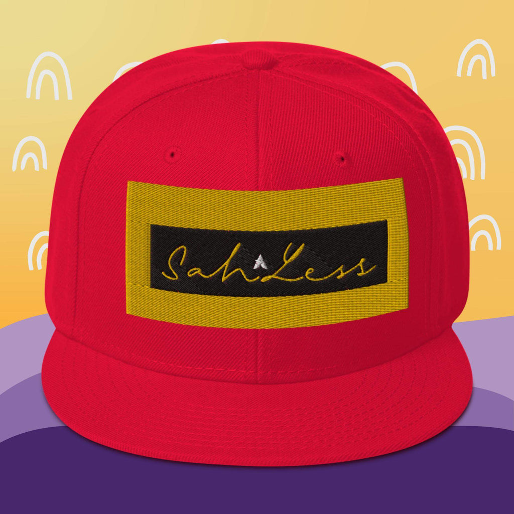 Snapback SahLess Hat, red structured high-profile cap with flat visor and grey under visor.