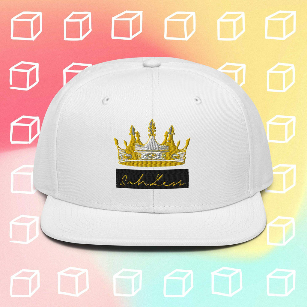 Snapback SahLess Hat with crown design, white structured cap, flat visor.