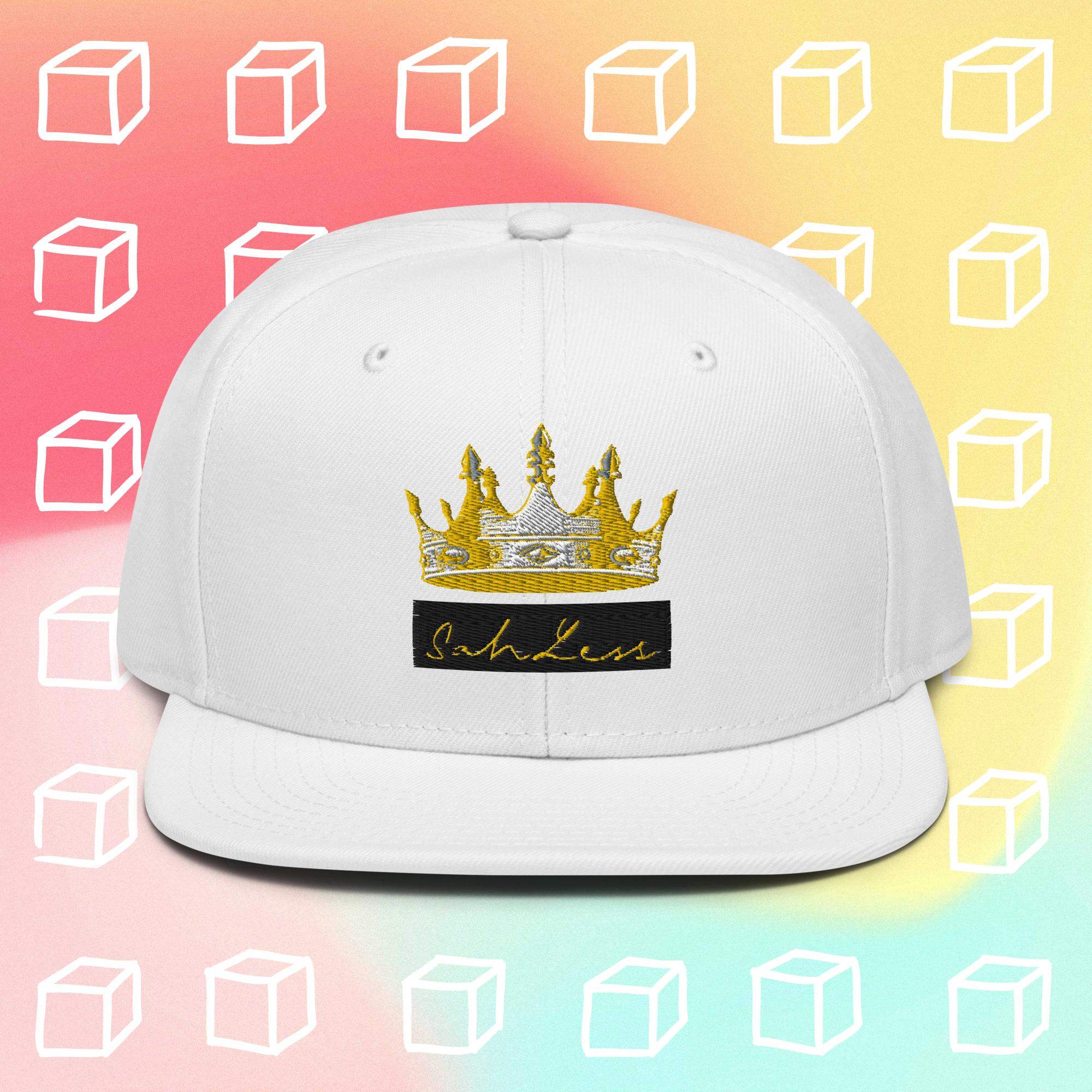 Snapback SahLess Hat with crown design, white structured cap, flat visor.