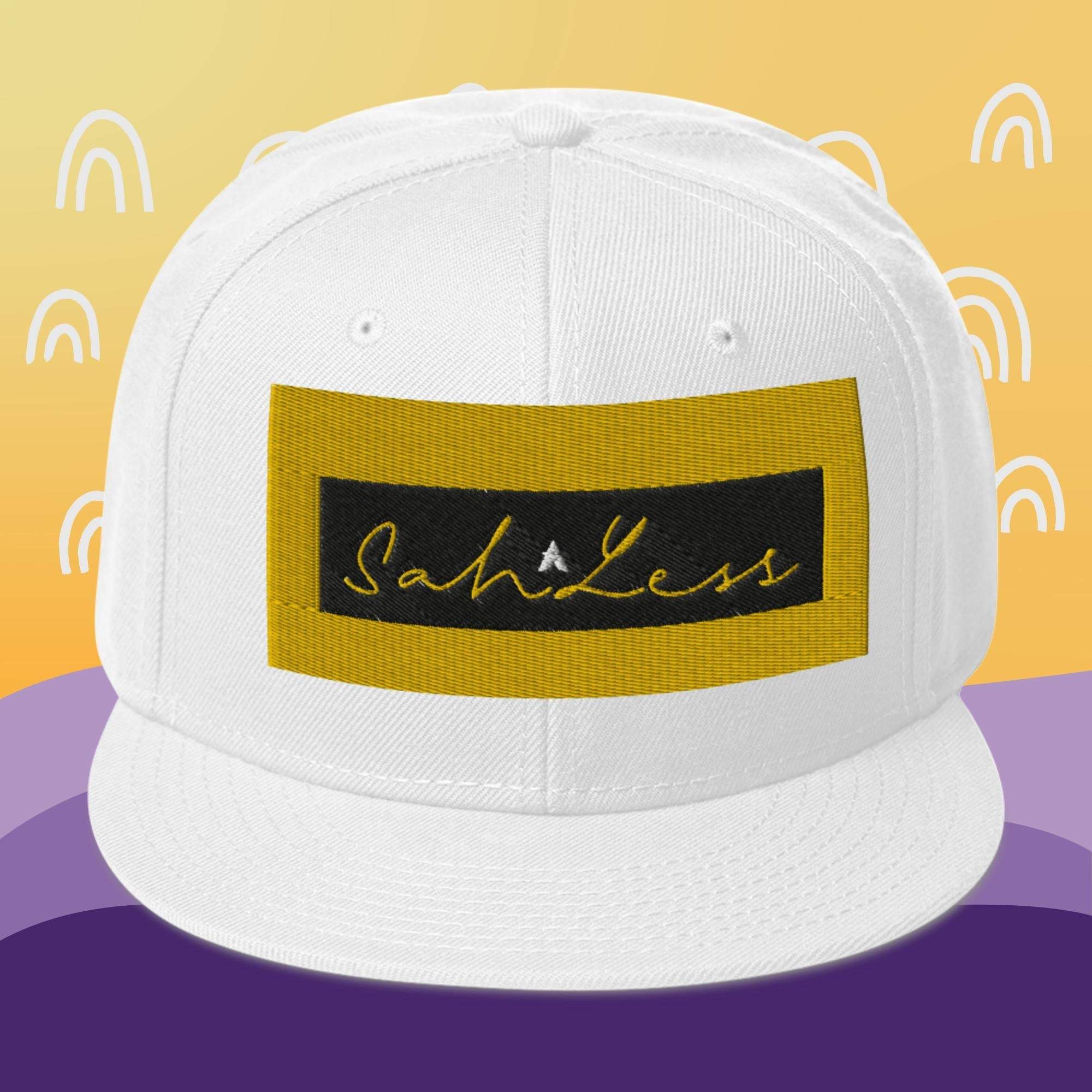 Snapback SahLess Hat with flat visor and grey under visor on colorful background.