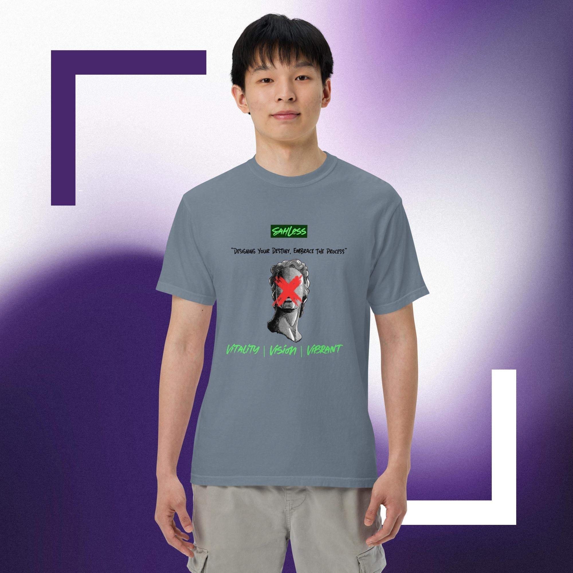 Unisex heavyweight garment-dyed T-shirt in gray, featuring a graphic design, made of 100% ring-spun cotton by SahLess.