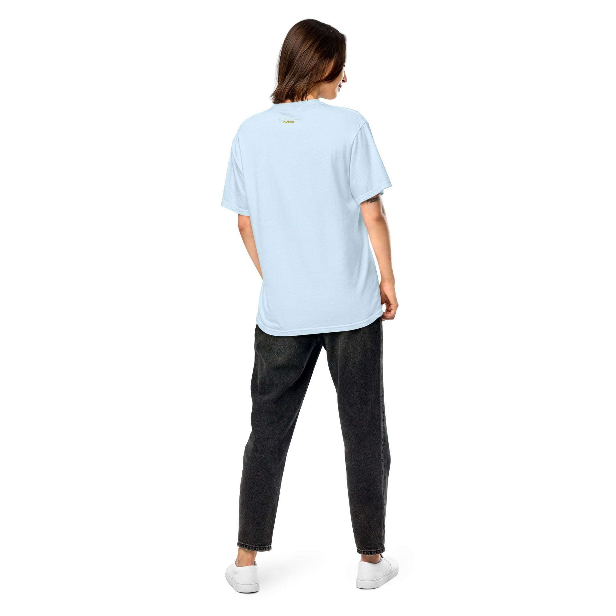 Unisex heavyweight t-shirt in light blue, relaxed fit, back view.