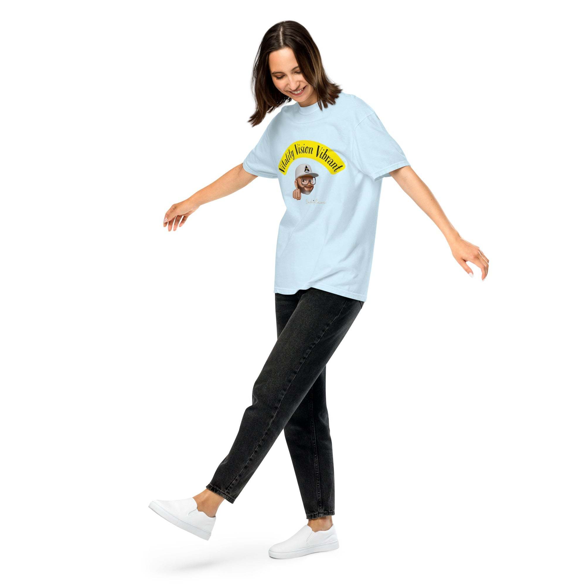 Unisex heavyweight t-shirt with stylish design, worn by a model, showcasing its relaxed fit and comfort.