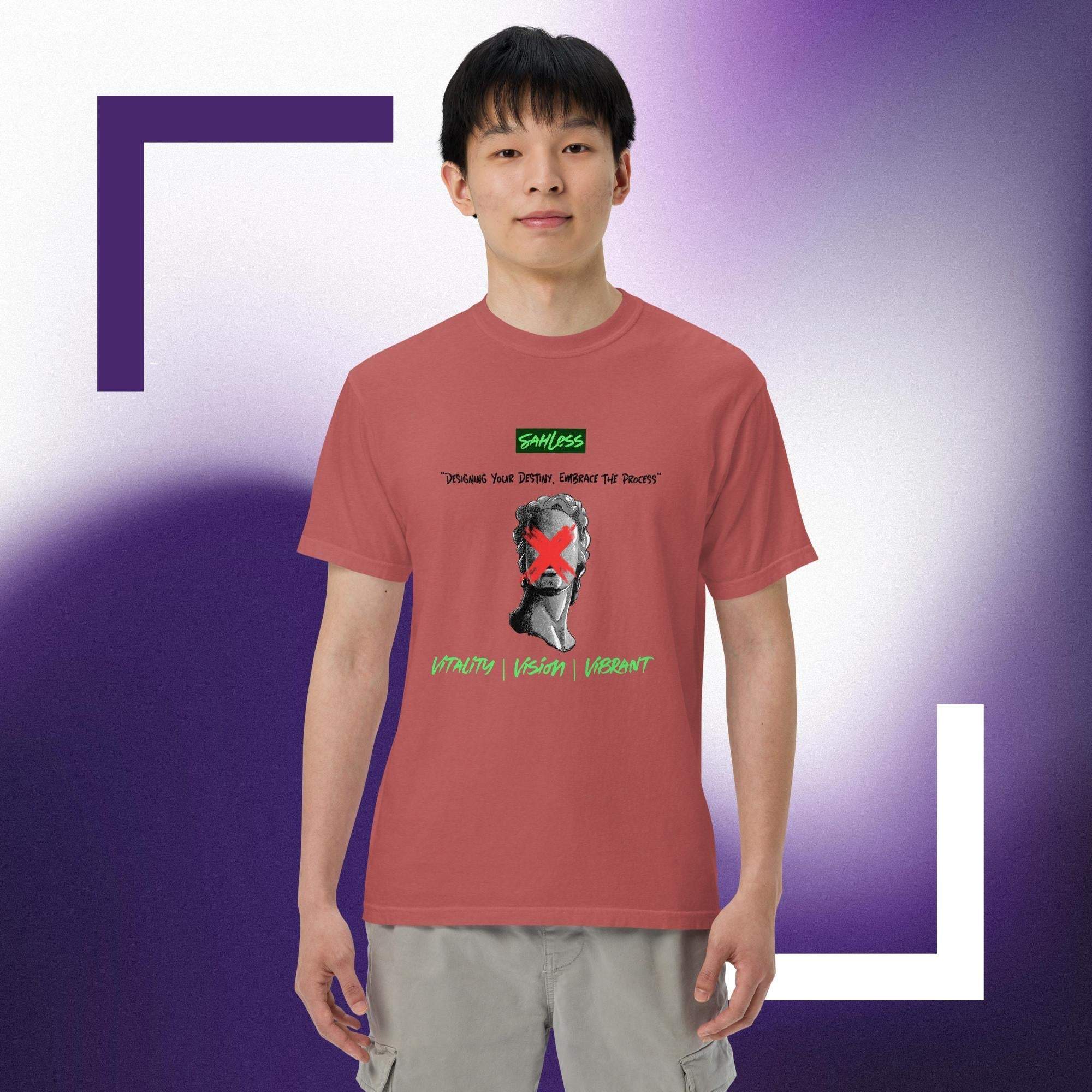 Unisex heavyweight garment-dyed T-shirt in red, featuring soft 100% ring-spun cotton and relaxed fit.