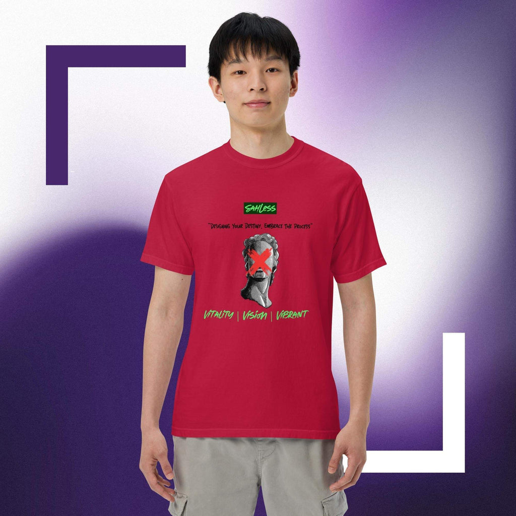 Unisex heavyweight garment-dyed T-shirt in red, soft 100% ring-spun cotton, relaxed fit.