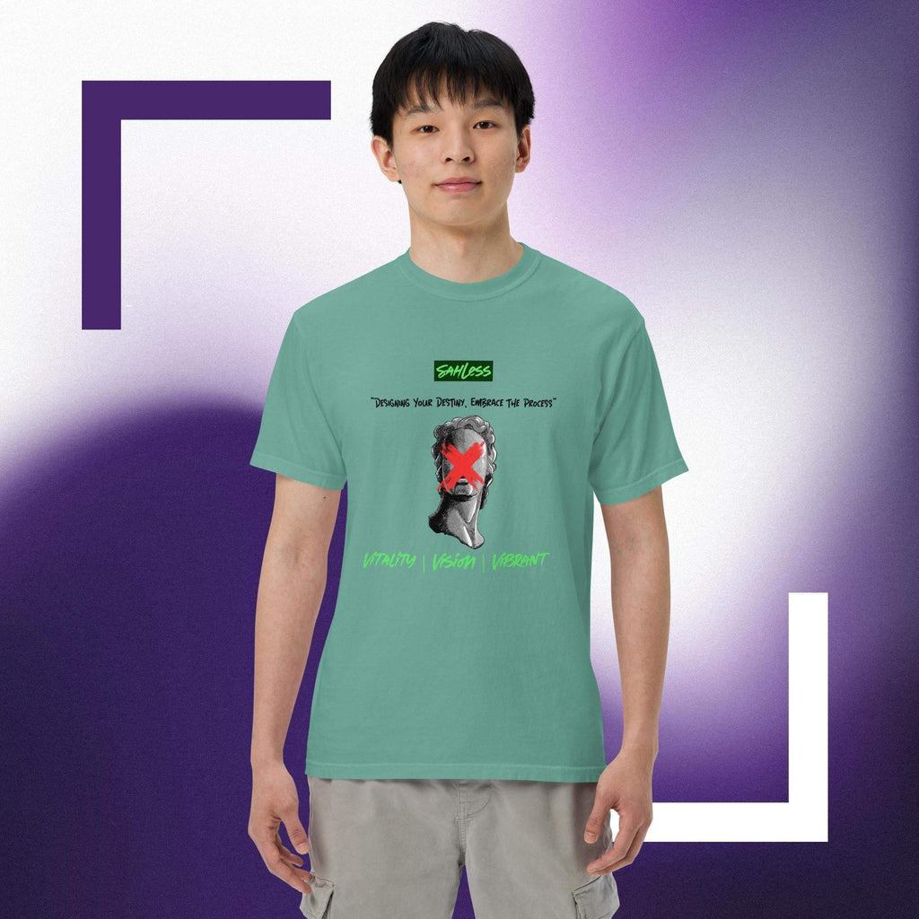 Unisex heavyweight garment-dyed T-shirt by SahLess, thick and breathable ring-spun cotton.
