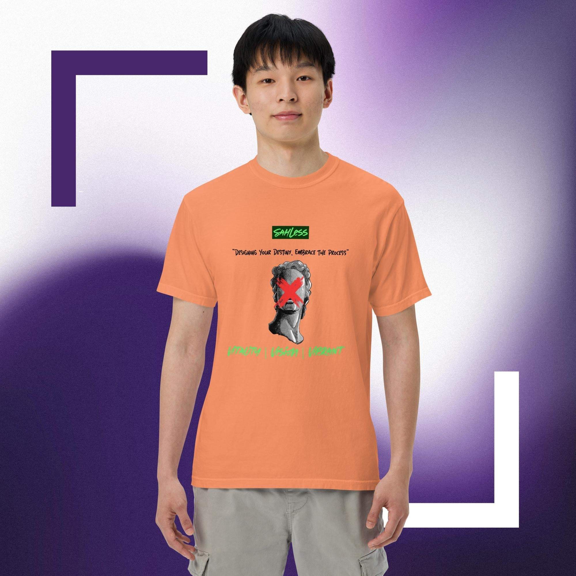 Unisex heavyweight garment-dyed T-shirt in orange, made of 100% ring-spun cotton.