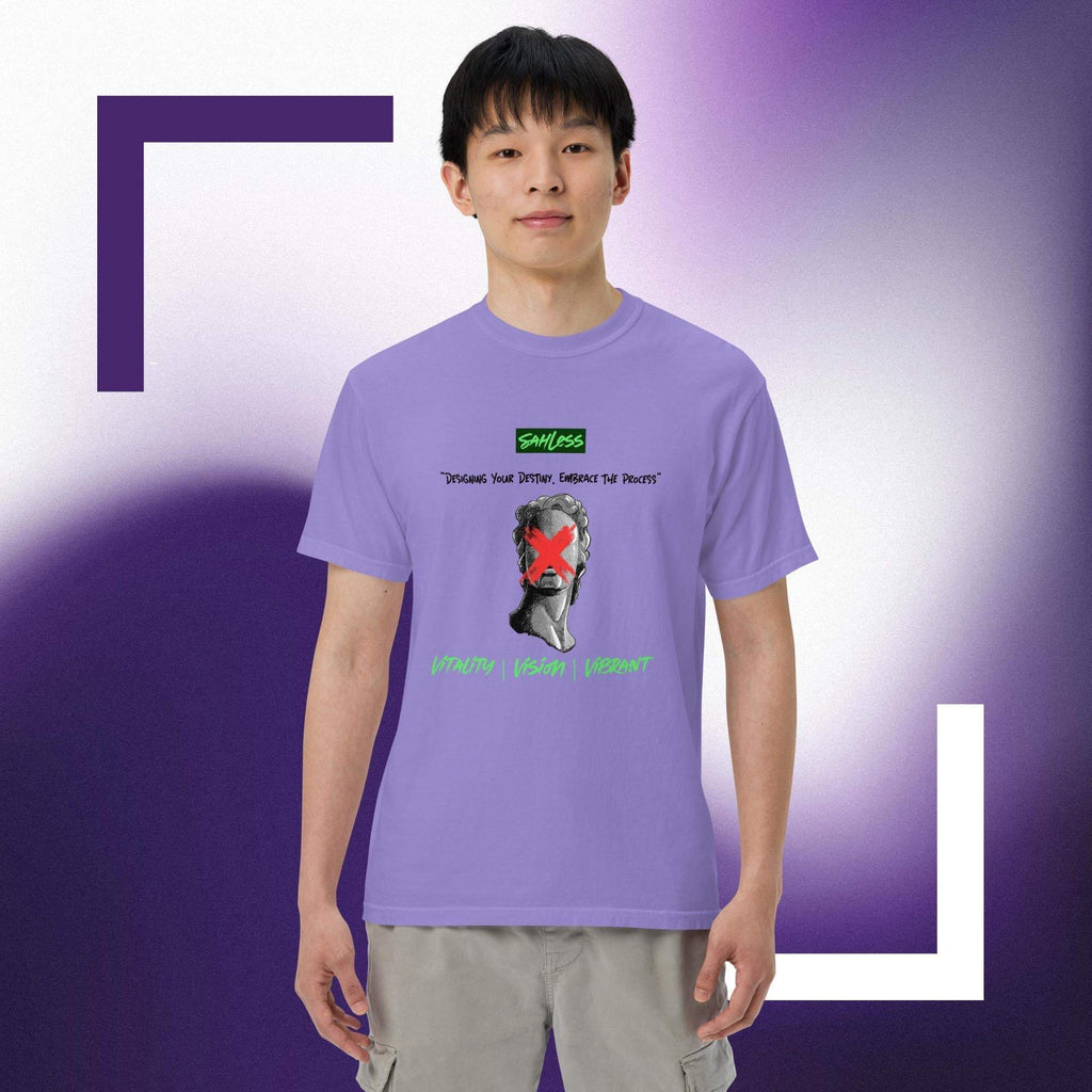 Unisex heavyweight garment-dyed T-shirt in lavender, made of 100% ring-spun cotton.