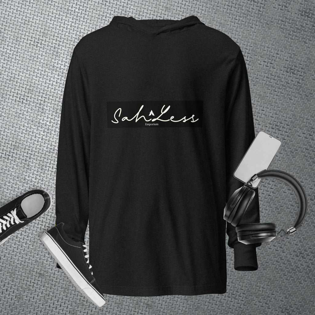 Hooded long-sleeve tee from SahLess Emporium with adjustable hood, made from breathable fabric for comfort and style.