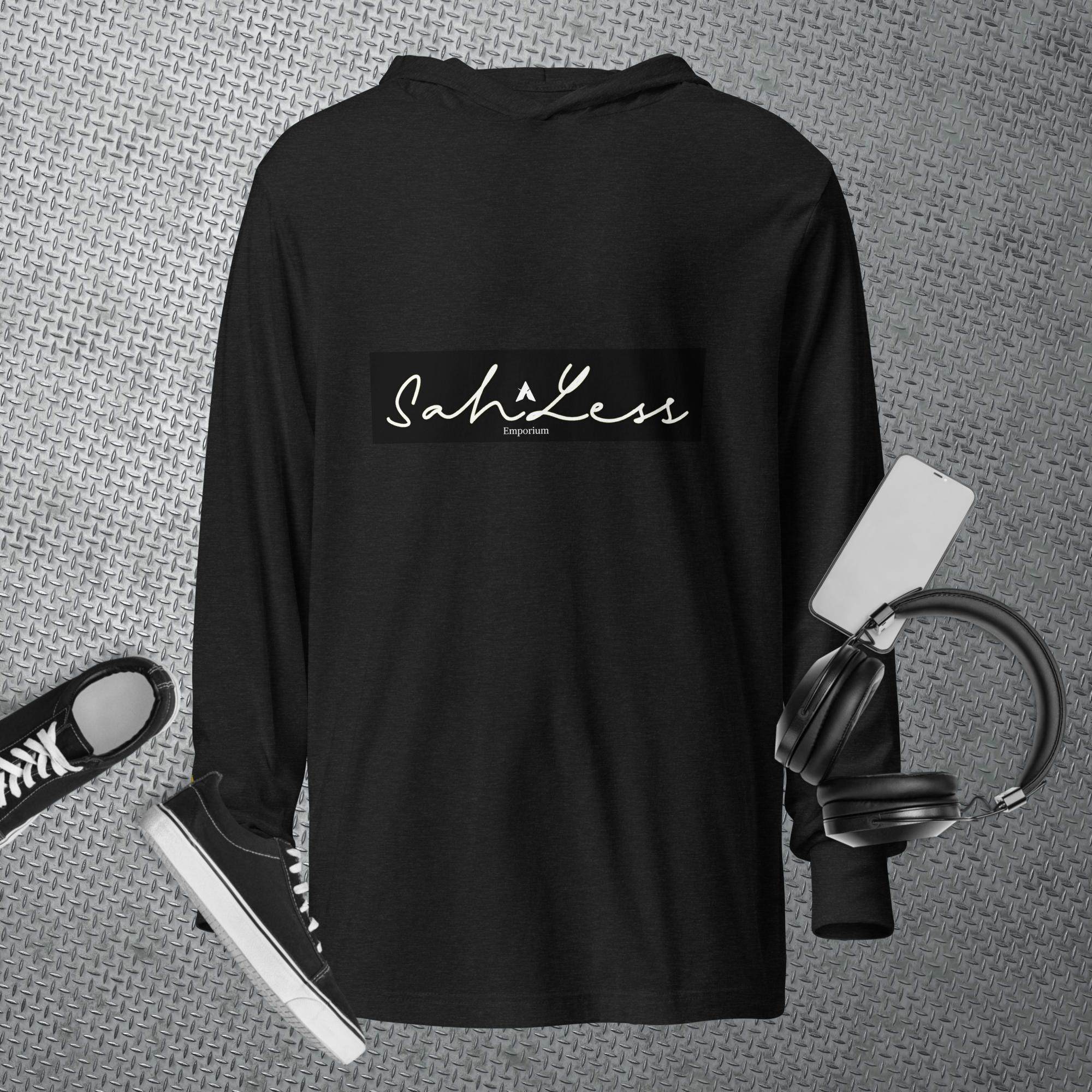 Hooded long-sleeve tee from SahLess Emporium with adjustable hood, made from breathable fabric for comfort and style.