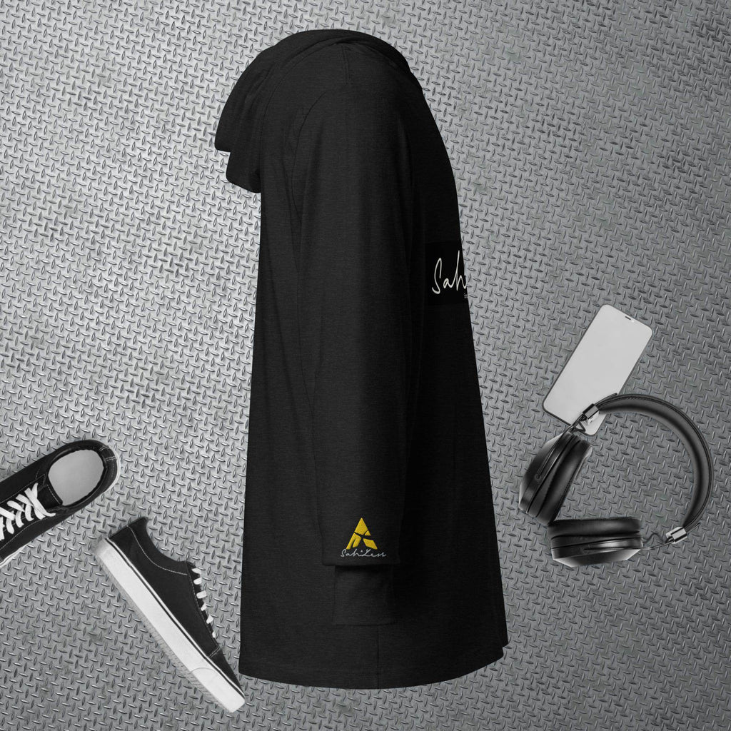 Hooded long-sleeve tee by SahLess Emporium; versatile black design, relaxed fit, soft fabric, adjustable hood.