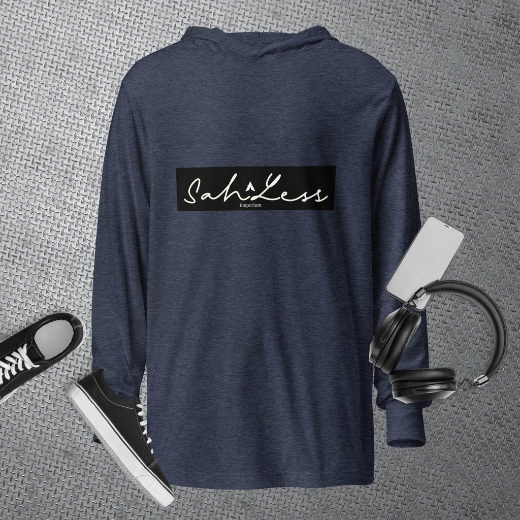 Hooded long-sleeve tee by SahLess Emporium, featuring a relaxed fit in soft fabric; perfect for casual wear and layering.