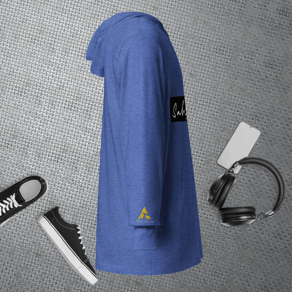 Hooded long-sleeve tee in blue from SahLess Emporium, featuring a relaxed fit with adjustable hood, perfect for casual wear.