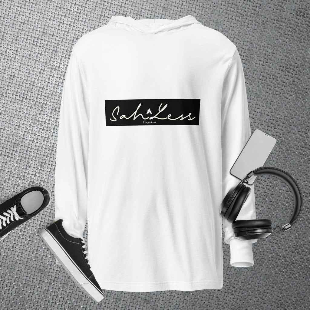 Hooded long-sleeve tee by SahLess Emporium, stylish white design, versatile for casual wear.