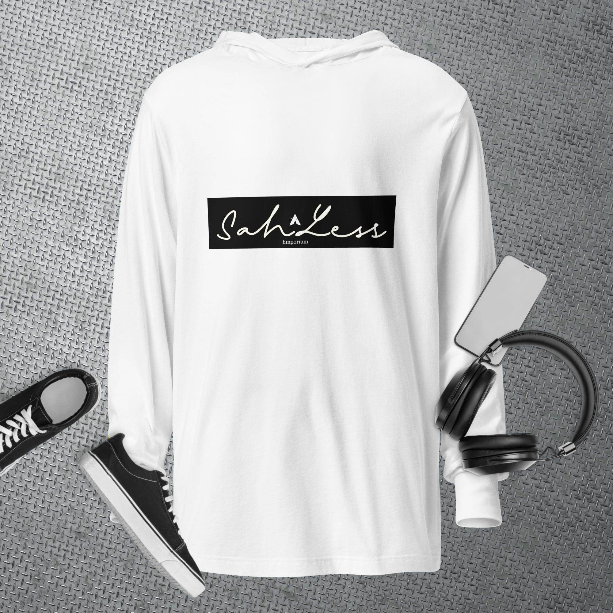 Hooded long-sleeve tee by SahLess Emporium, stylish white design, versatile for casual wear.