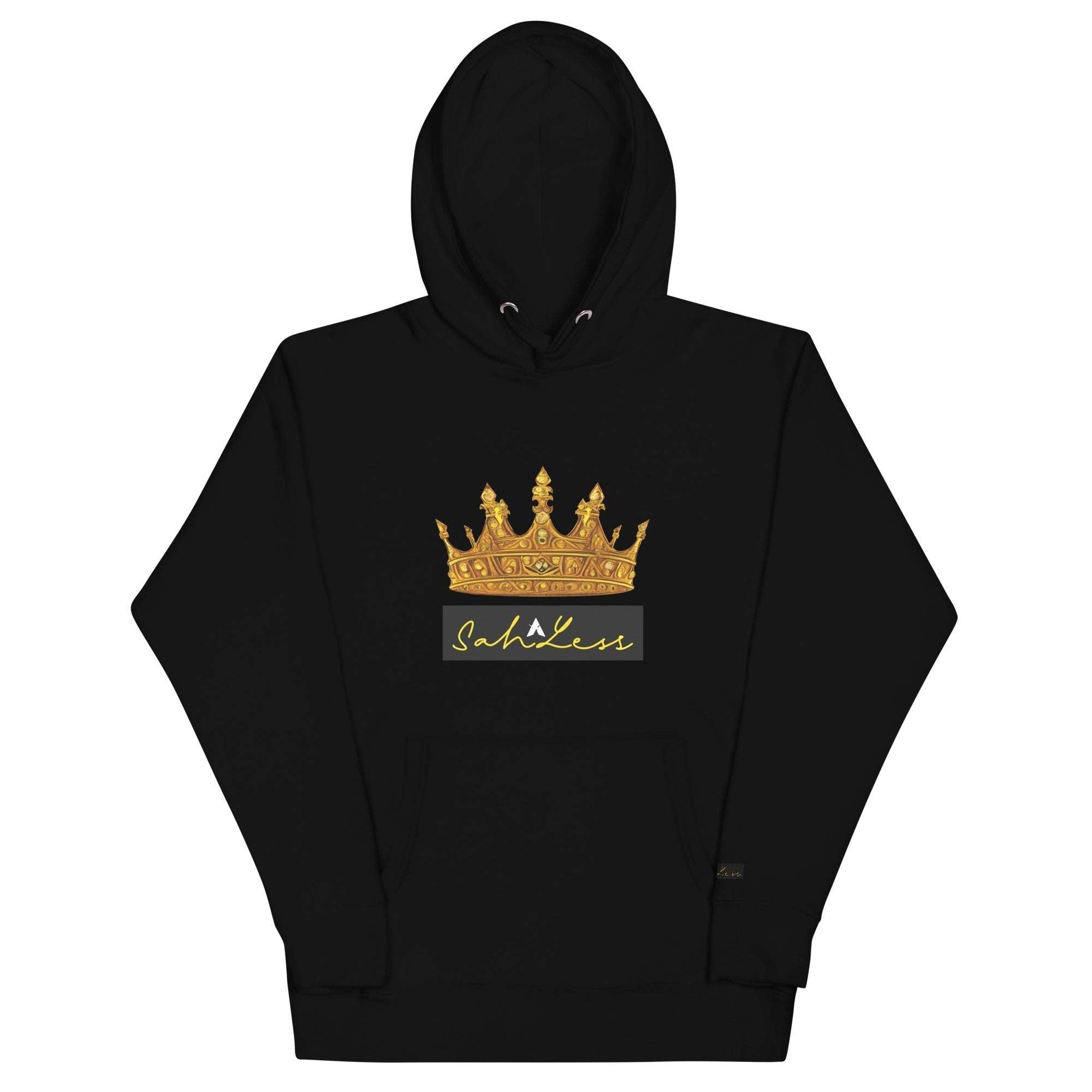 Black SahLess Unisex Hoodie with gold crown design, stylish and versatile for all genders.