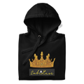 SahLess Unisex Hoodie with crown graphic on black fabric.