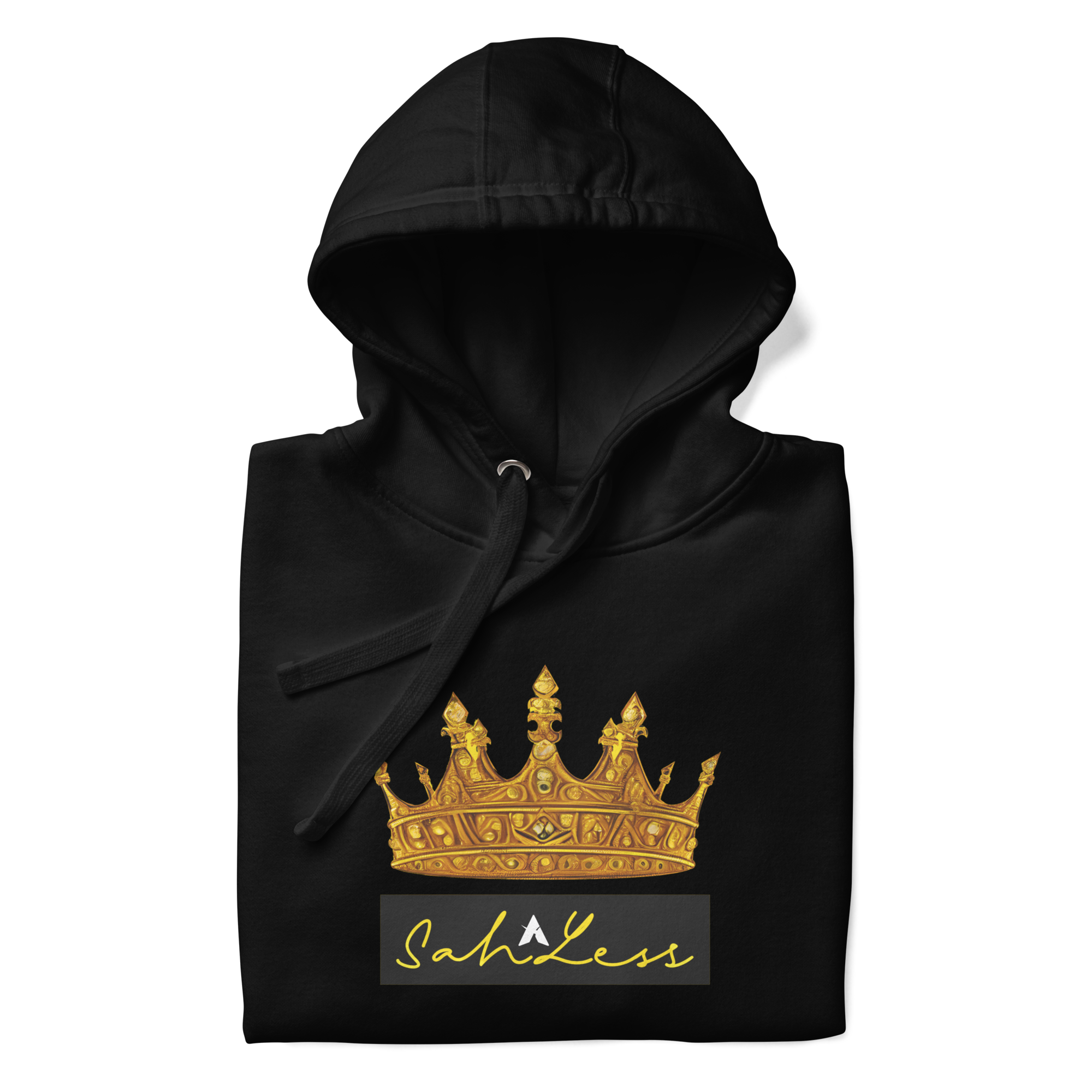 SahLess Unisex Hoodie with crown graphic on black fabric.
