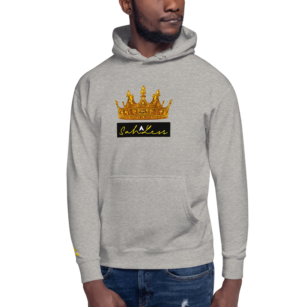 SahLess Unisex Hoodie in gray with crown design on front, comfortable fit, and stylish look.