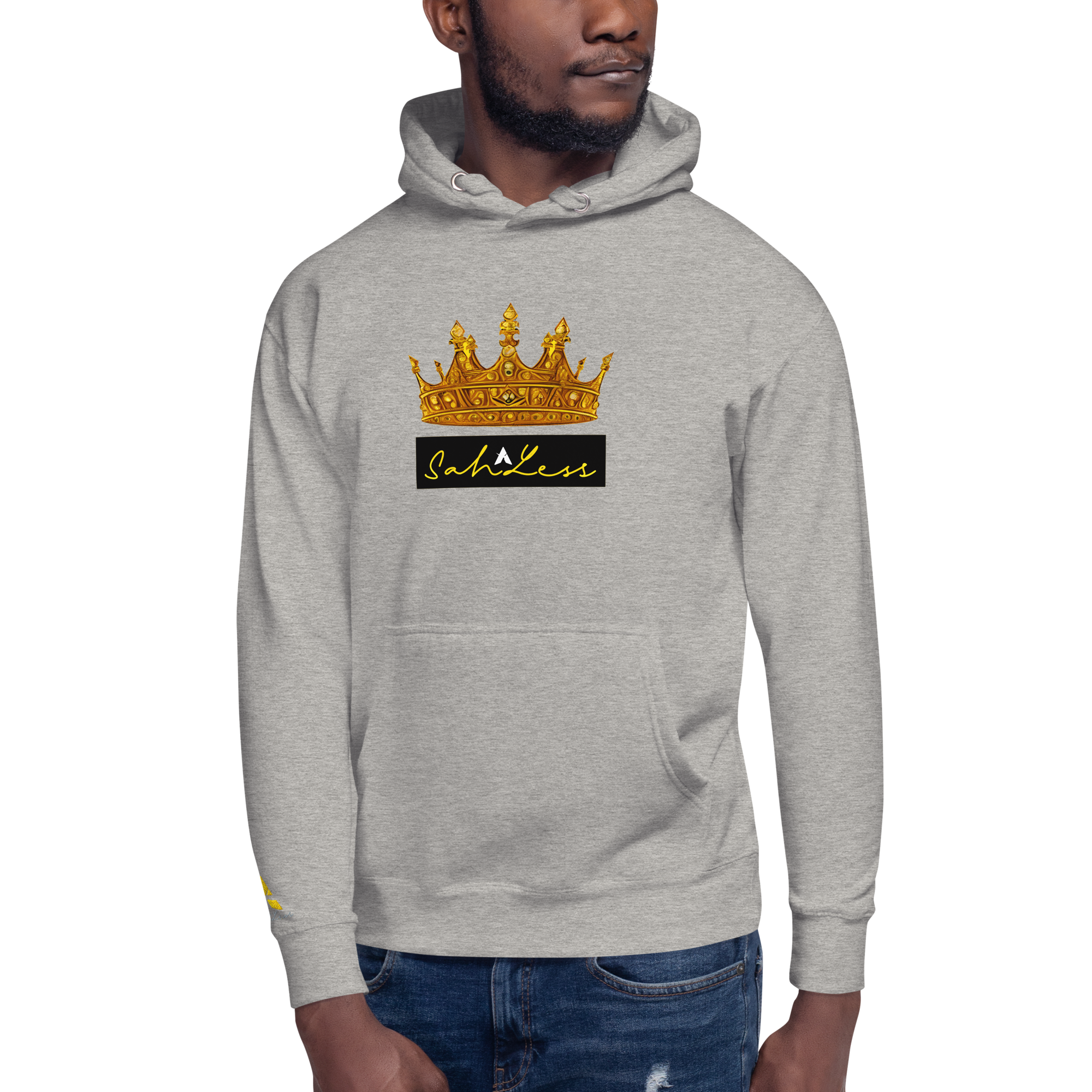 SahLess Unisex Hoodie in gray with crown design on front, comfortable fit, and stylish look.