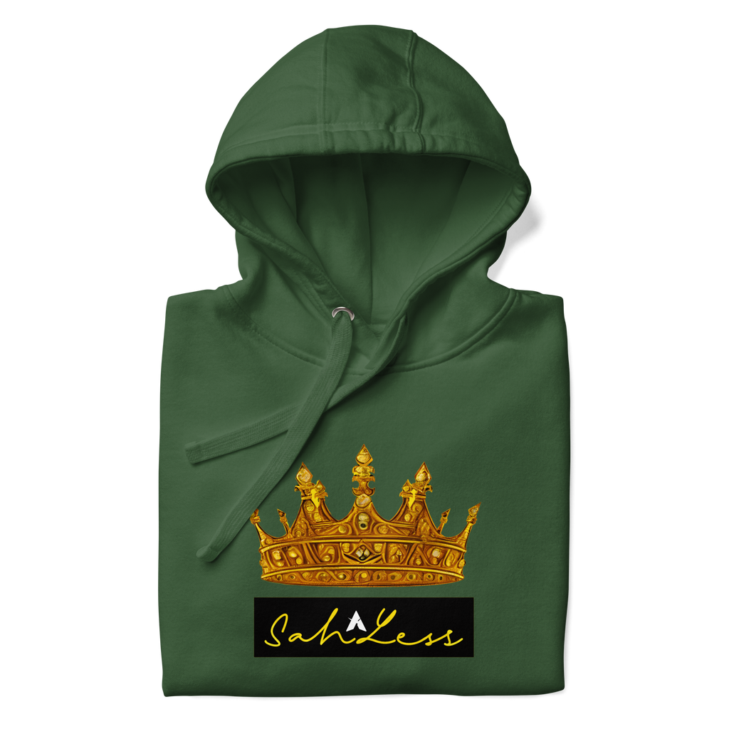SahLess Unisex Hoodie with gold crown design, stylish and comfortable.