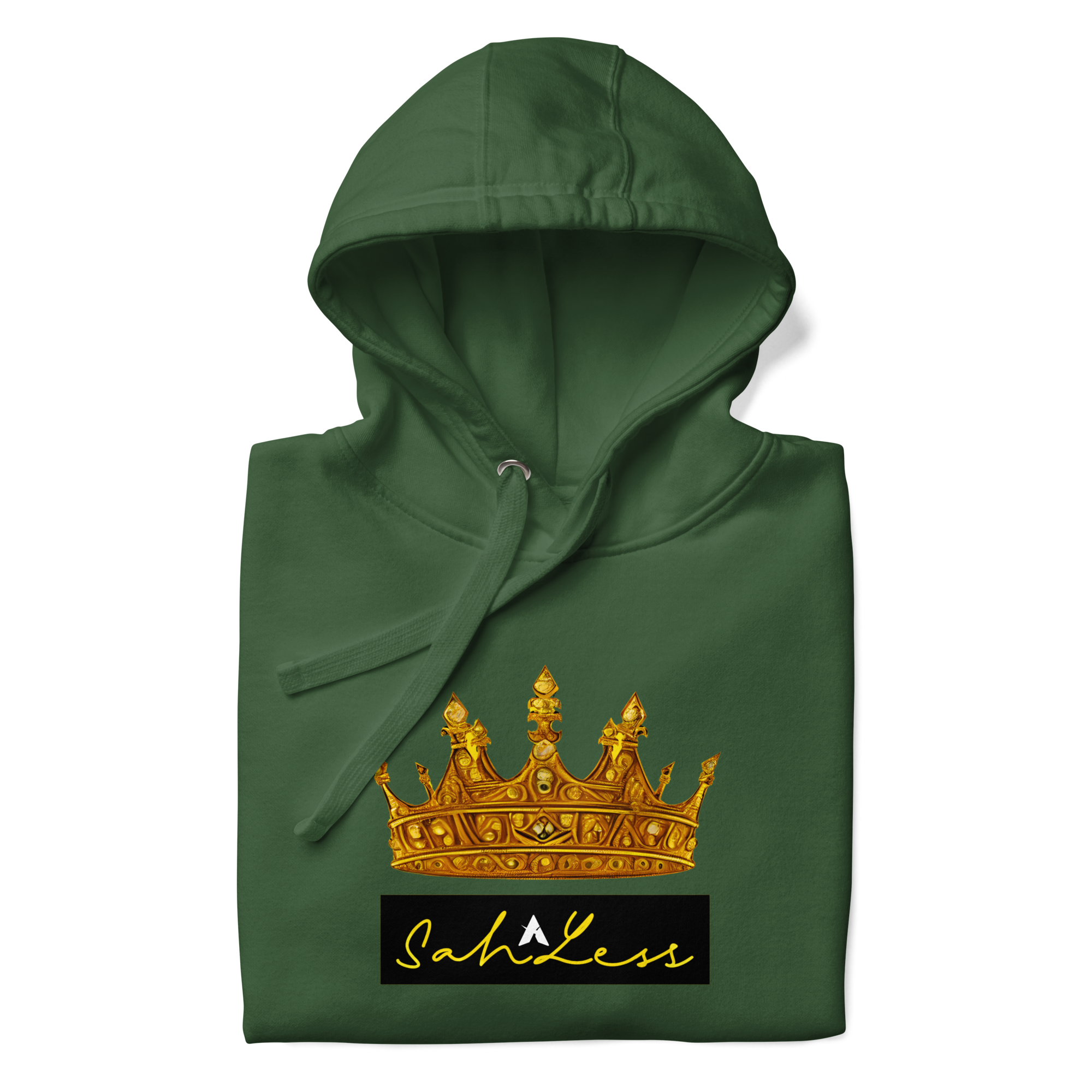 SahLess Unisex Hoodie with gold crown design, stylish and comfortable.
