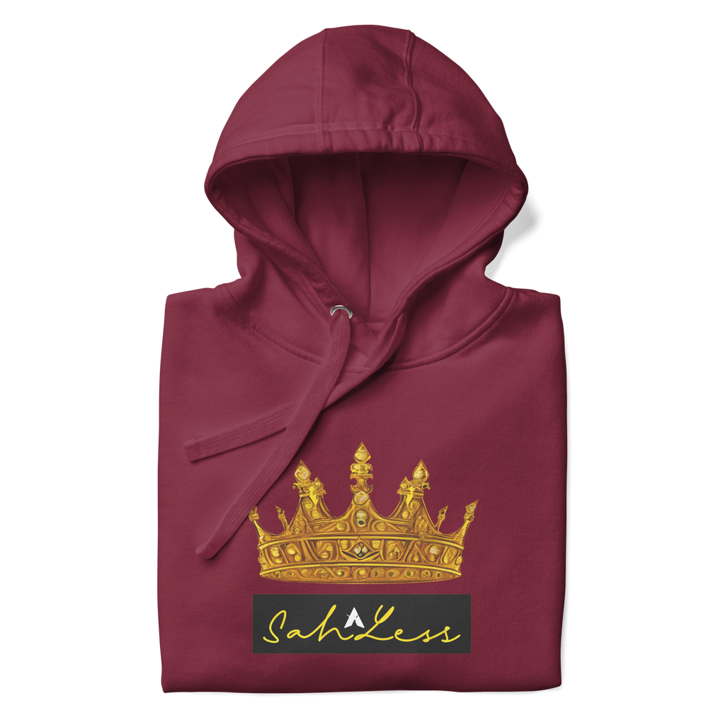SahLess Unisex Hoodie in maroon with gold crown design on the front, showcasing comfort and style.
