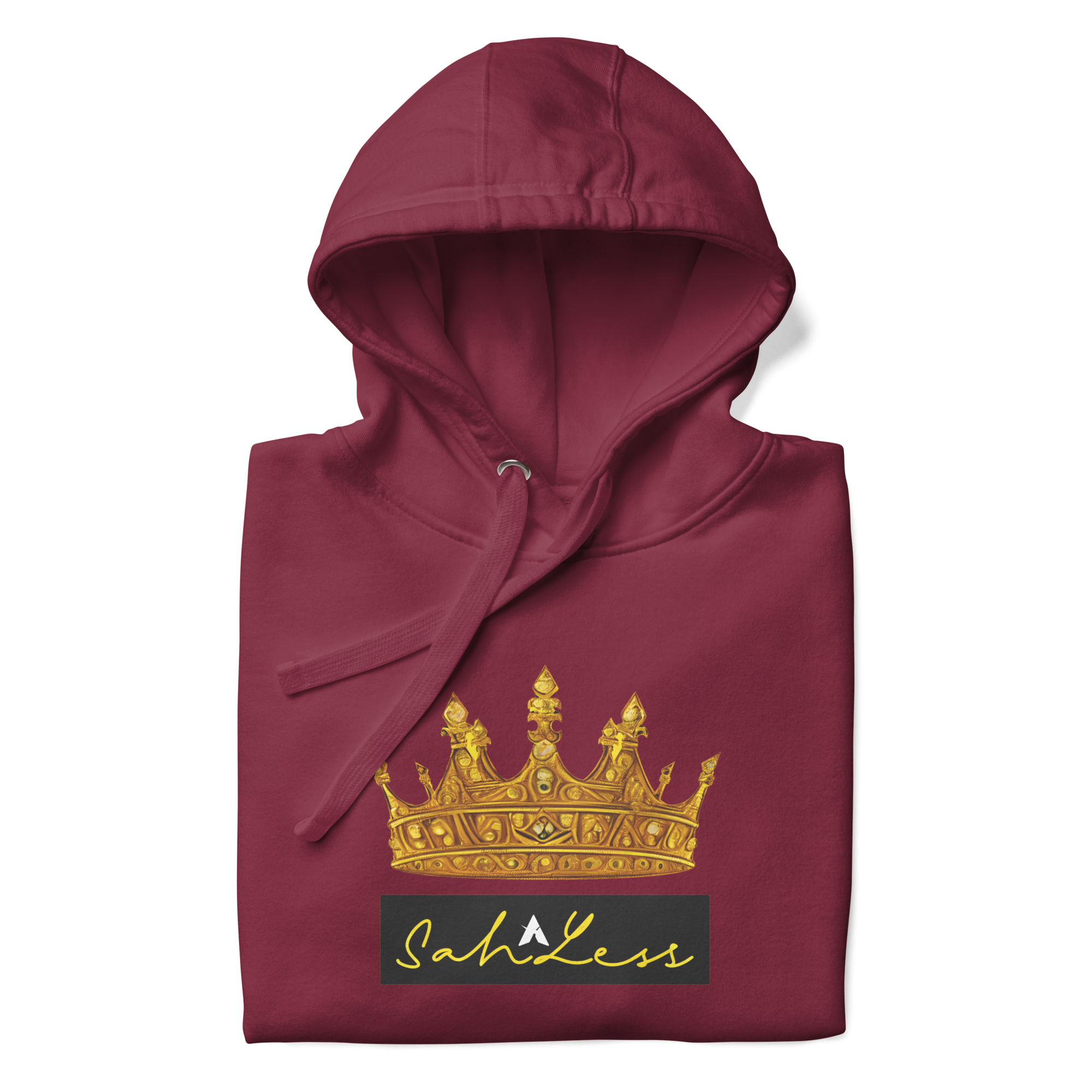 SahLess Unisex Hoodie in maroon with gold crown design on the front, showcasing comfort and style.