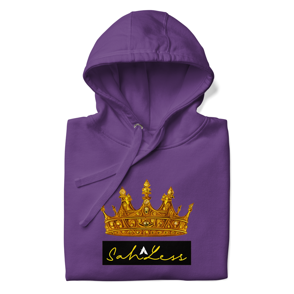 SahLess Unisex Hoodie in purple with gold crown design and SahLess logo