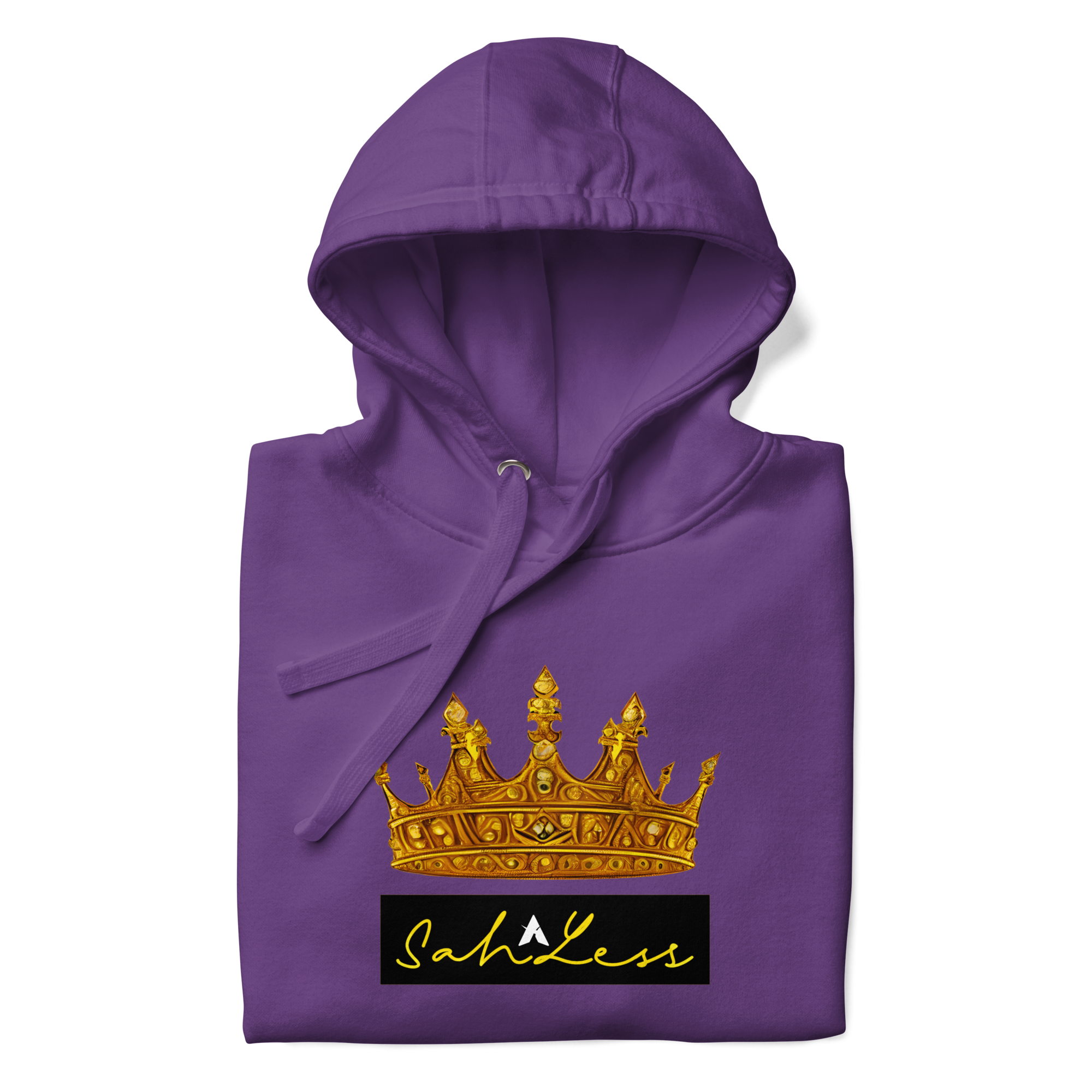 SahLess Unisex Hoodie in purple with gold crown design and SahLess logo