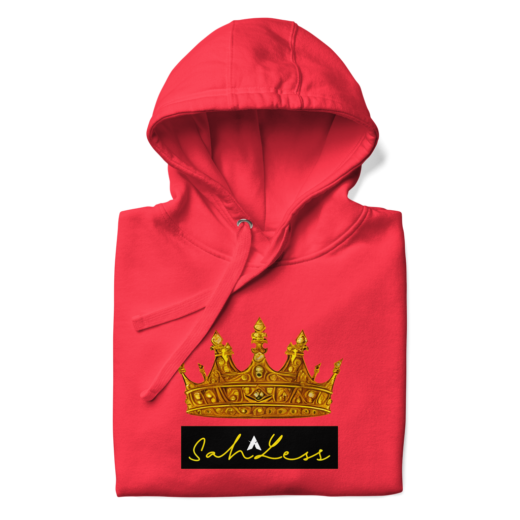 Red SahLess Unisex Hoodie with gold crown design, perfect for casual comfort and style.