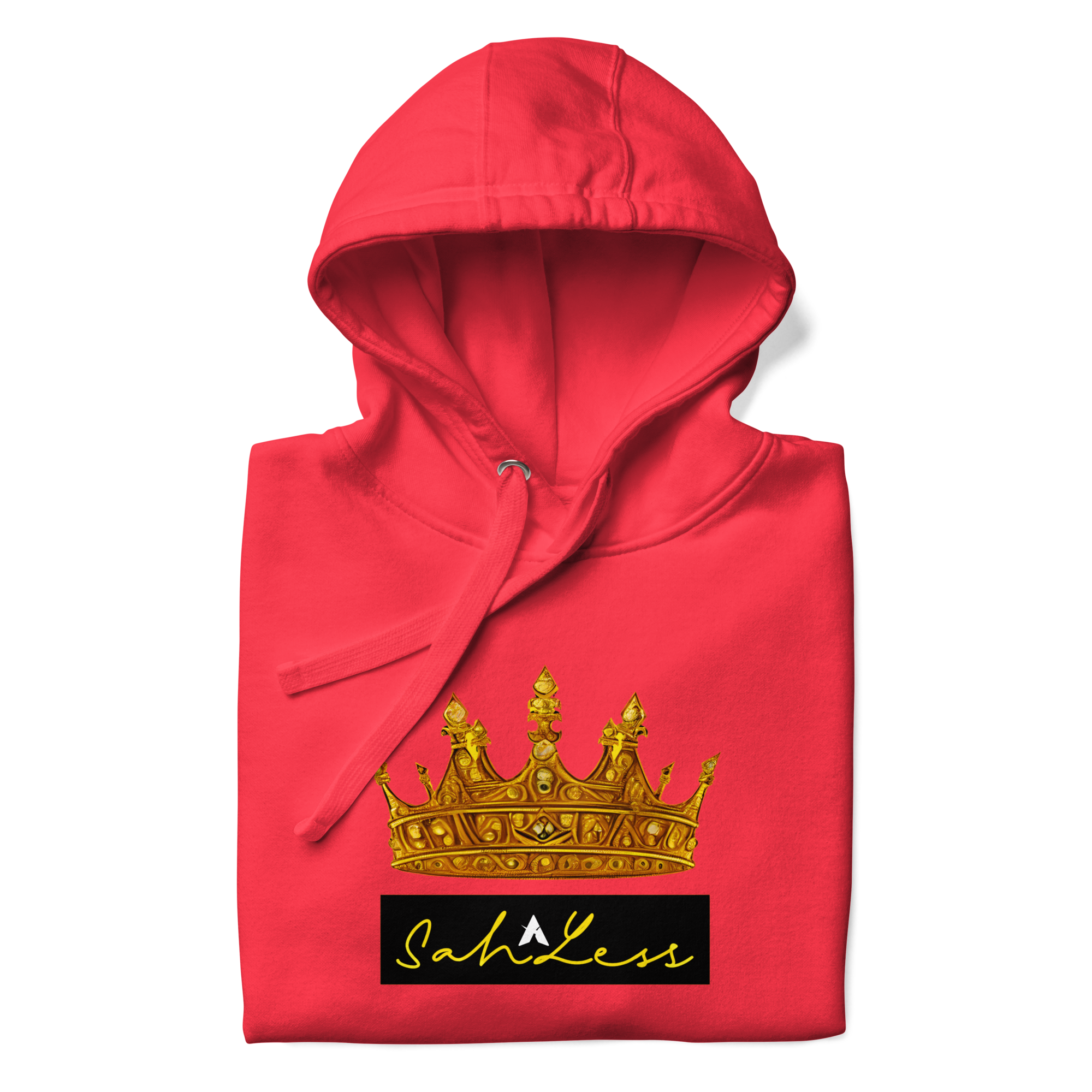 Red SahLess Unisex Hoodie with gold crown design, perfect for casual comfort and style.