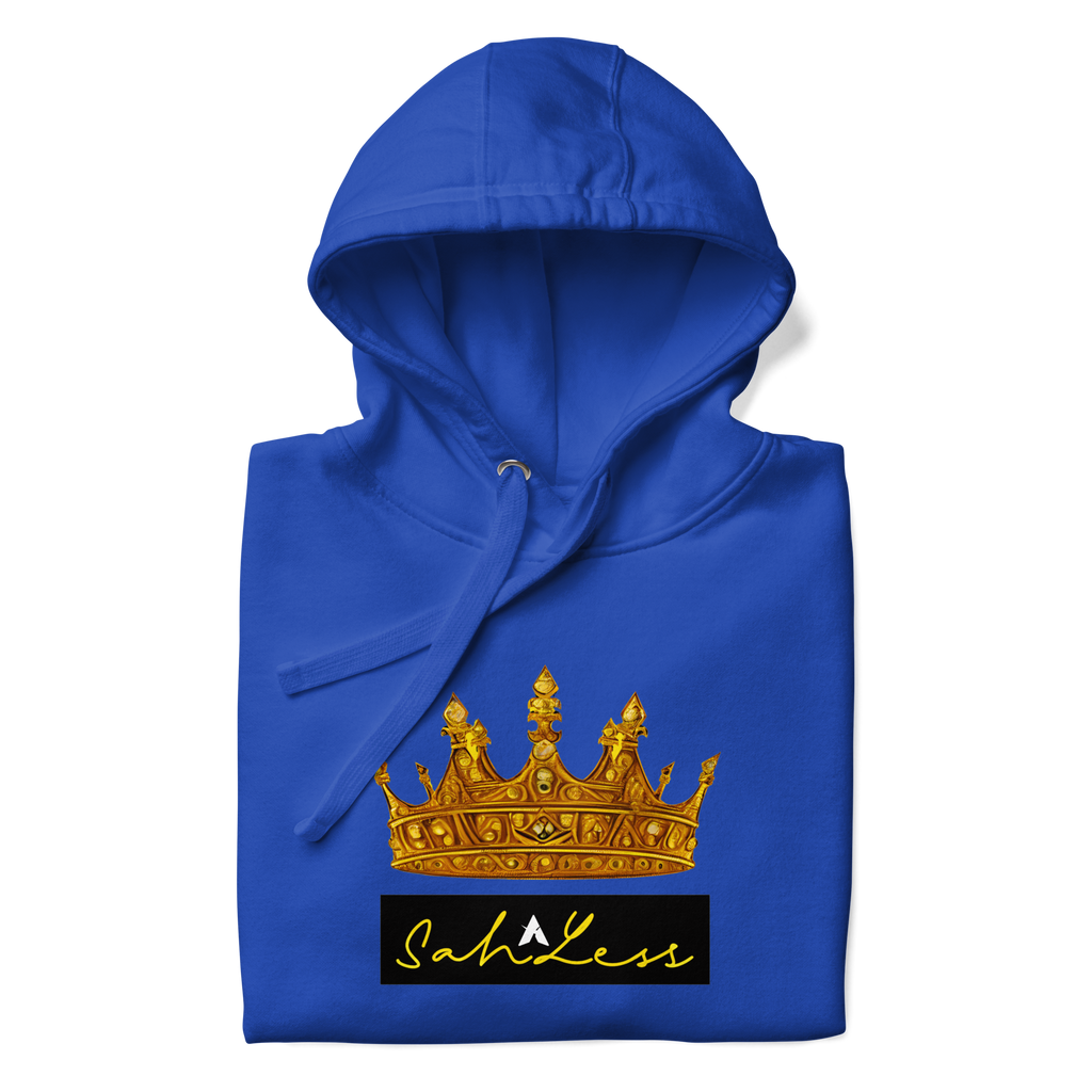 SahLess Unisex Hoodie folded with gold crown print and logo on blue fabric.