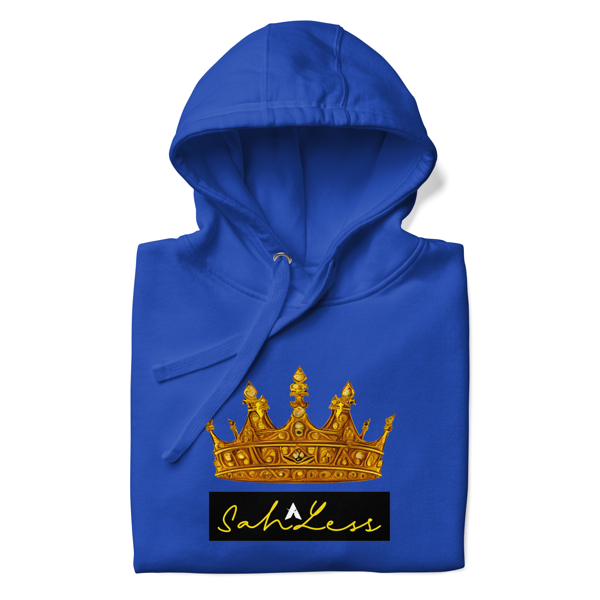 SahLess Unisex Hoodie folded with gold crown print and logo on blue fabric.