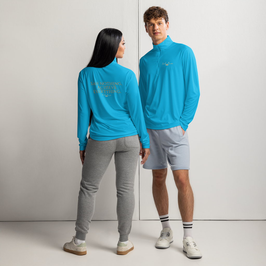 Unisex lightweight quarter-zip pullover in vibrant blue with moisture-wicking fabric, worn by male and female models.