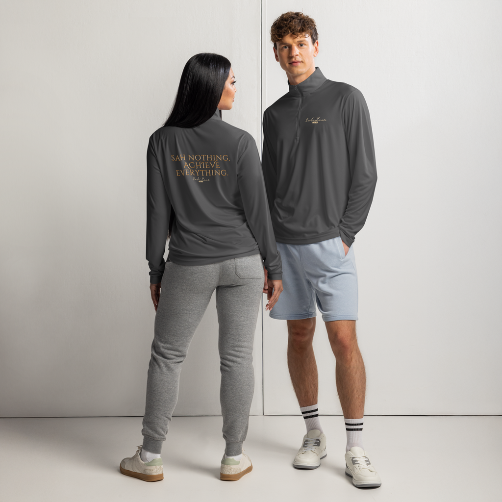 Unisex lightweight quarter-zip pullover in dark gray with moisture-wicking fabric and sleek fit, modeled by man and woman