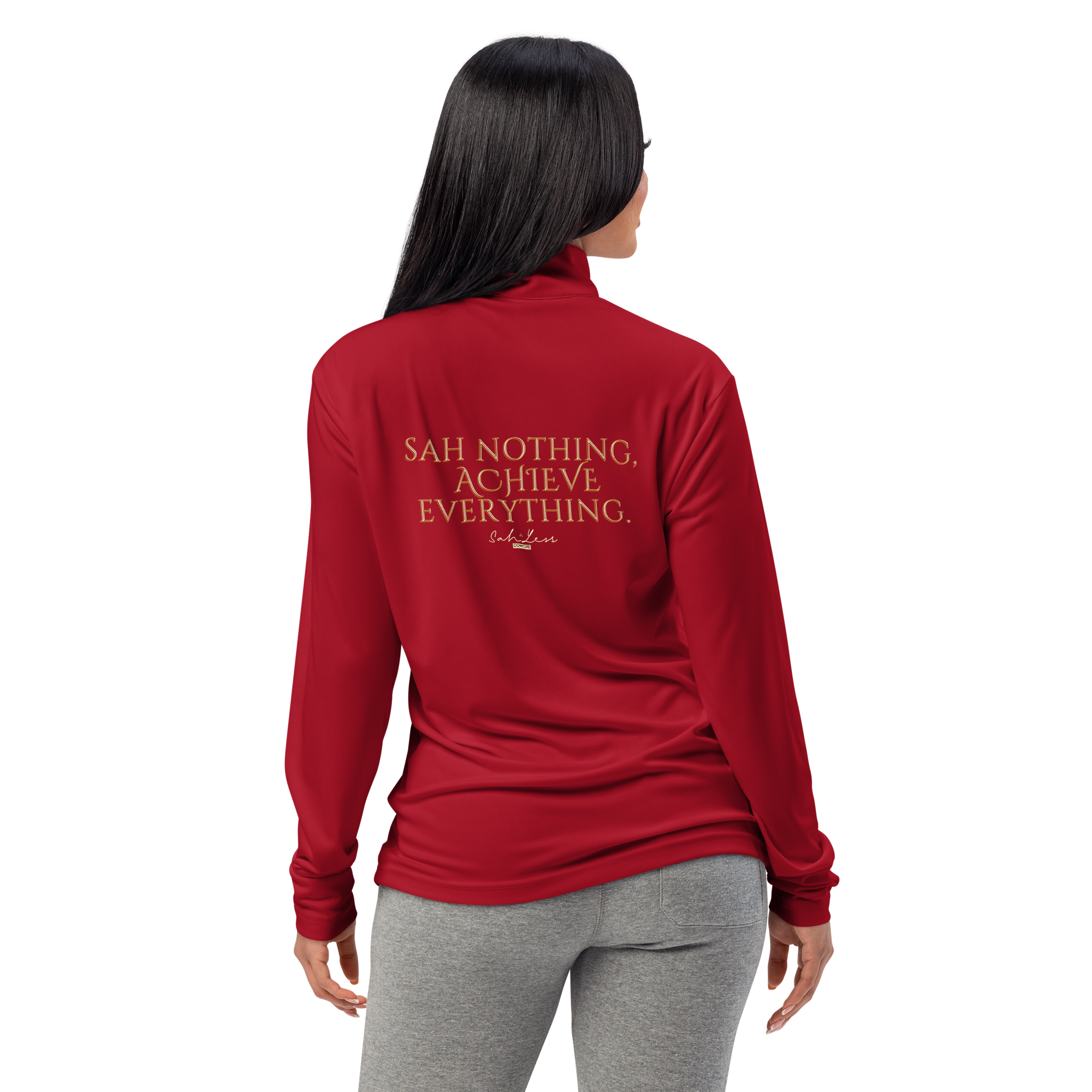 Woman wearing red lightweight quarter-zip pullover with motivational text on back