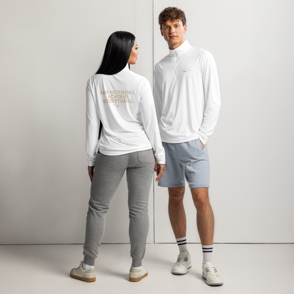 Unisex lightweight white quarter-zip pullover with moisture-wicking fabric and clean design worn by male and female models