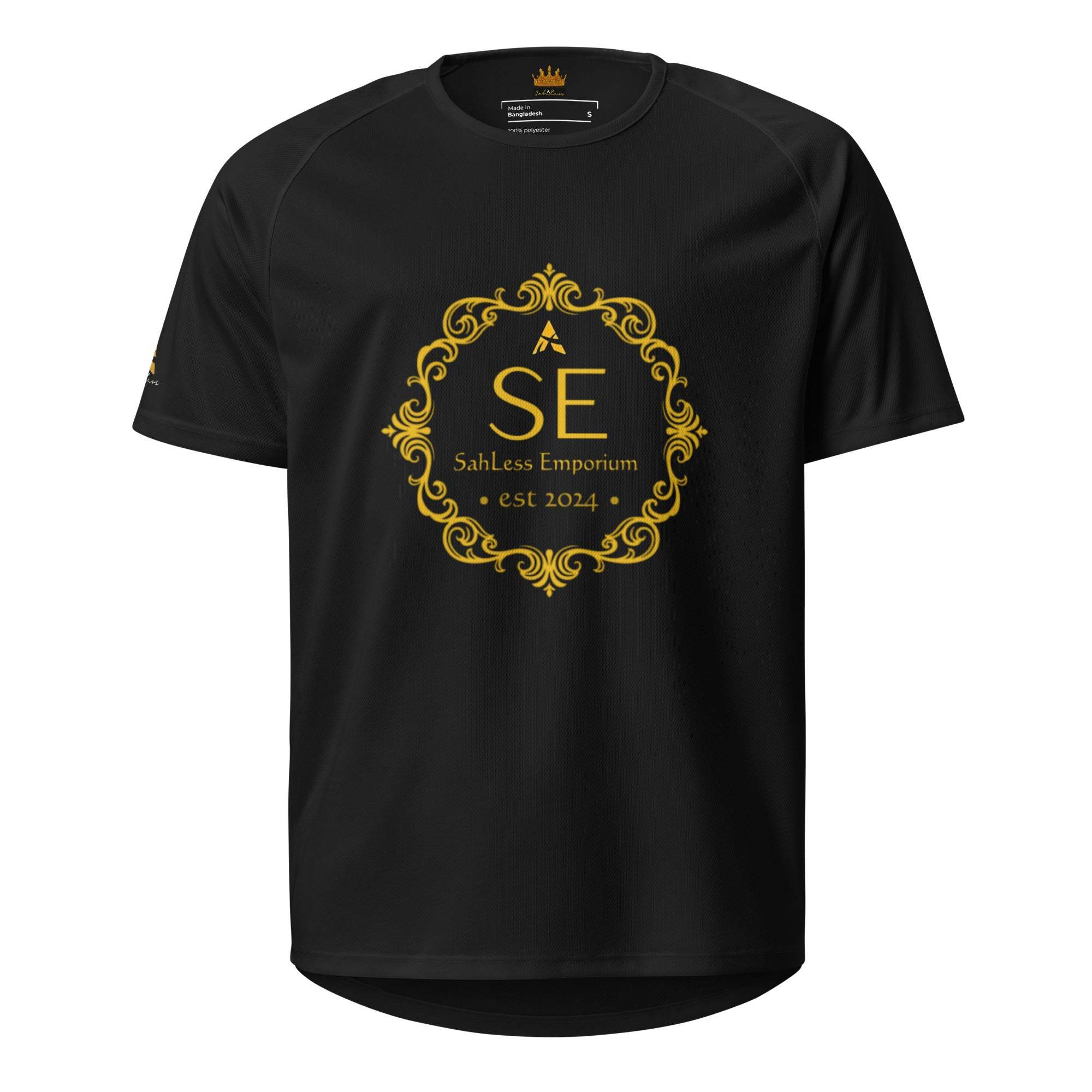 Unisex SahLess Legacy Jersey in black with gold print "SE SahLess Emporium EST. 2024", streetwear tee, soft cotton blend.