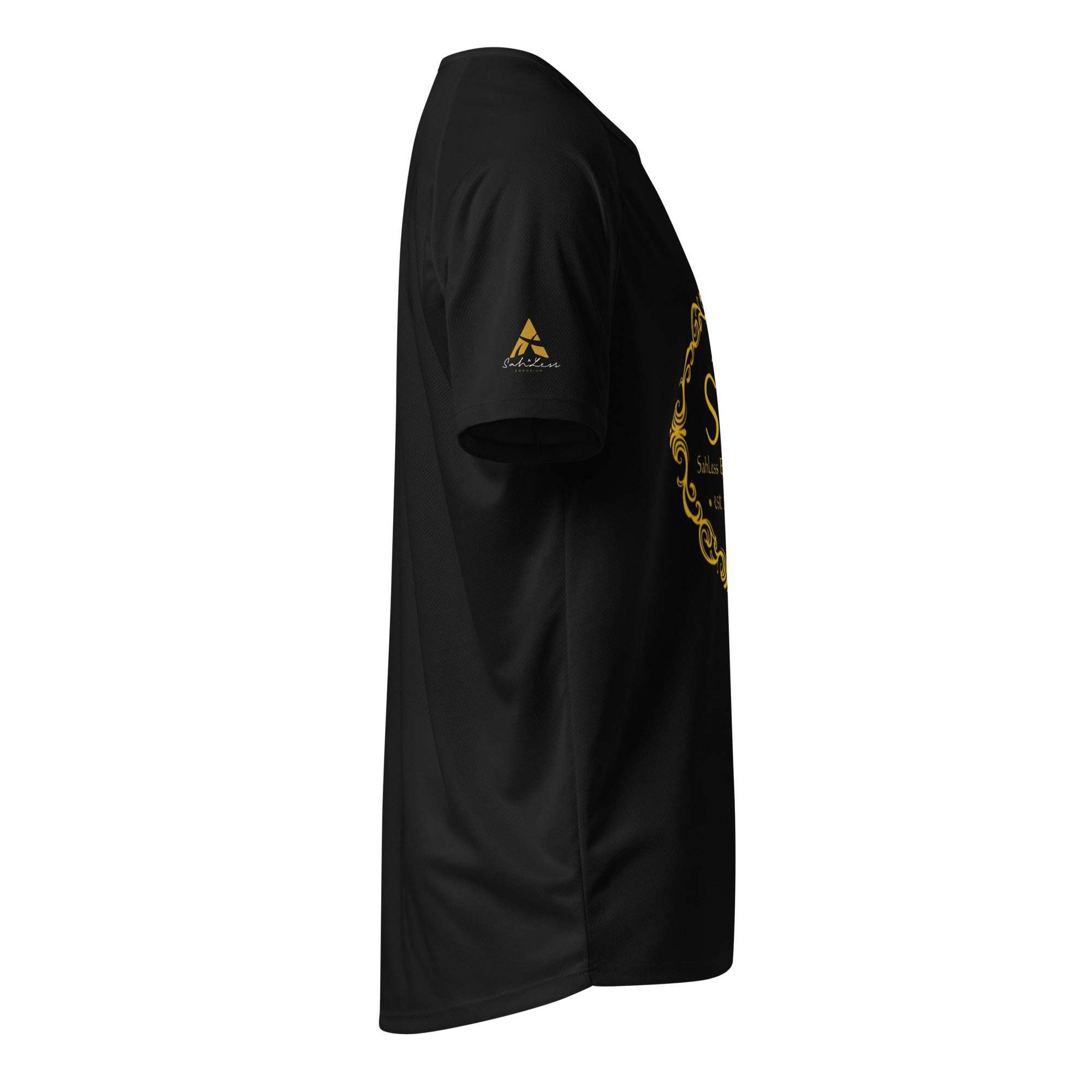 Unisex black SahLess Legacy Jersey with gold print, streetwear fit, EST. 2024 premium tee.
