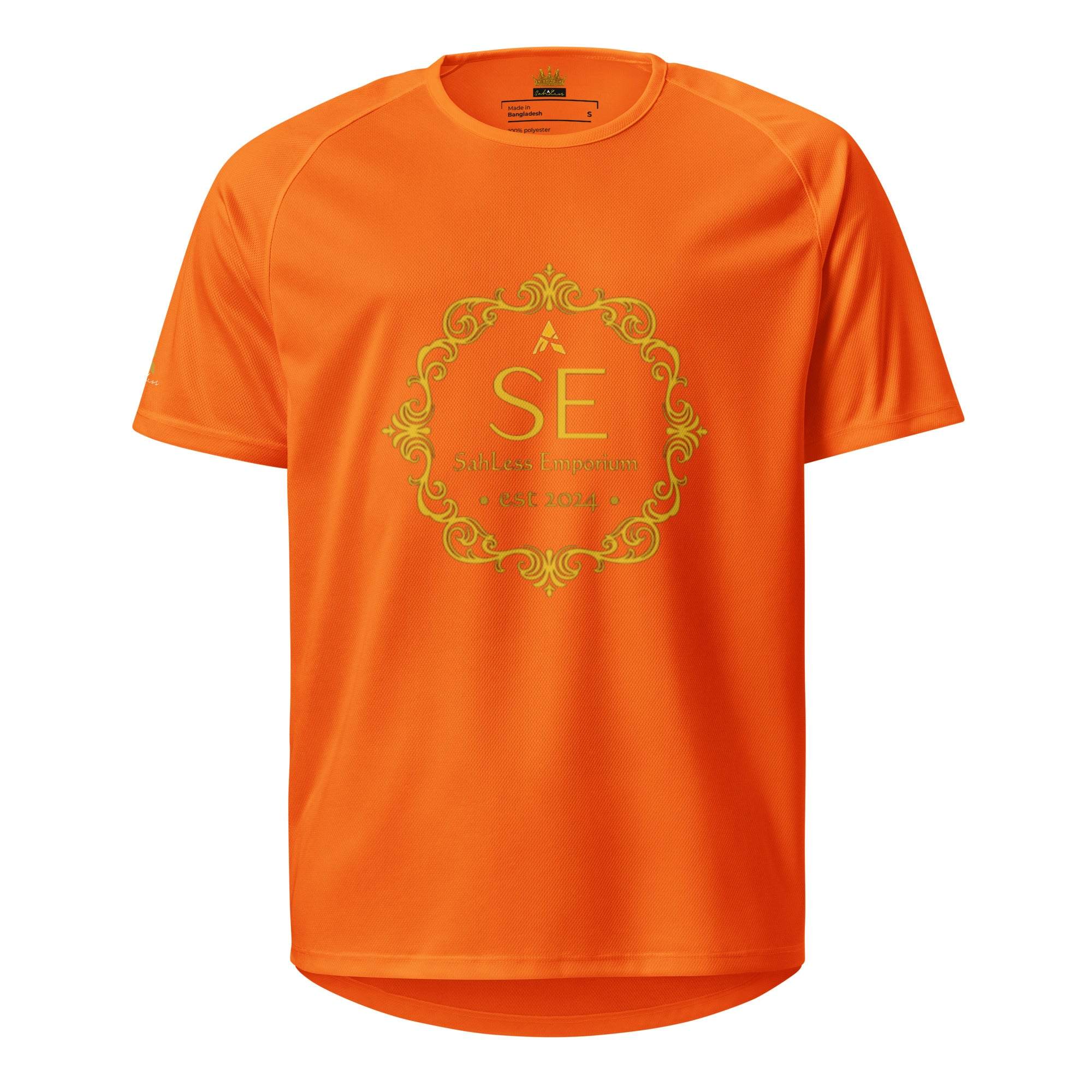Unisex orange SahLess Legacy Jersey front view with "SahLess Emporium EST. 2024" print, streetwear fit.