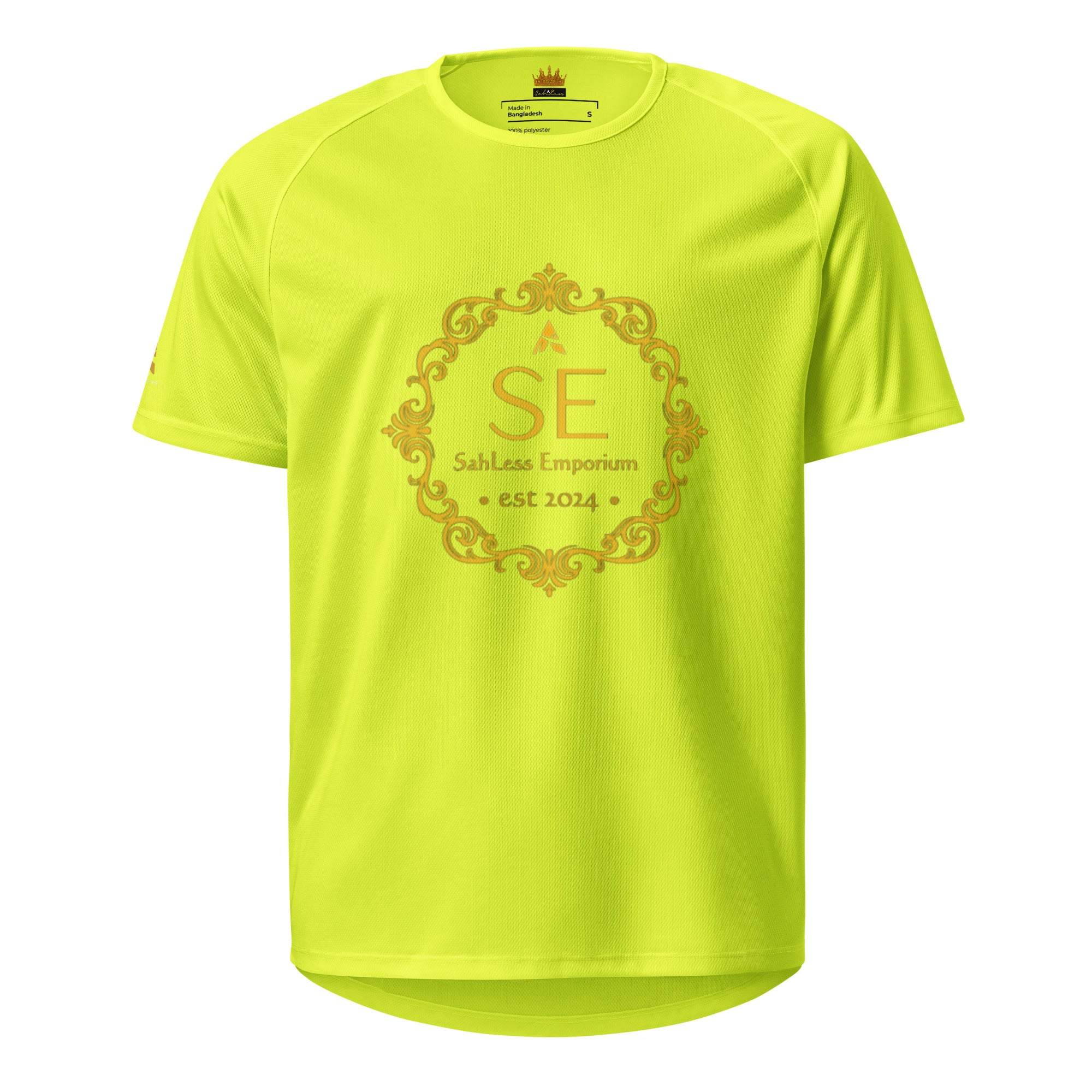 Unisex SahLess Legacy Jersey in vibrant yellow with SahLess Emporium EST. 2024 print, minimalist streetwear design.