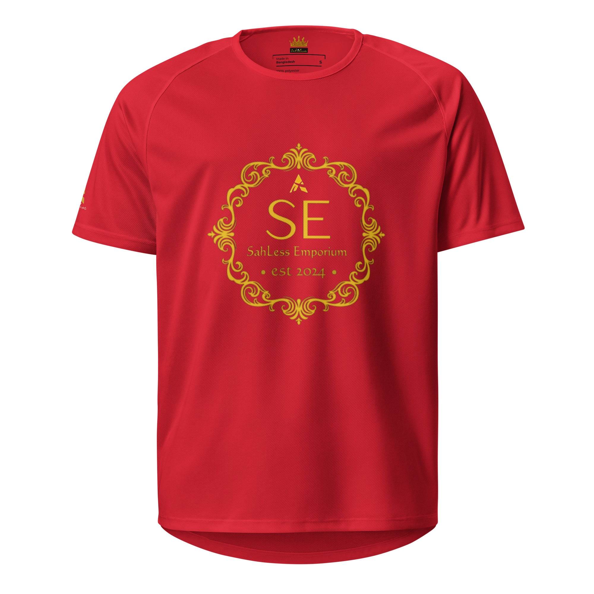 Unisex SahLess Legacy Jersey in red with "SahLess Emporium EST. 2024" print, premium streetwear tee.