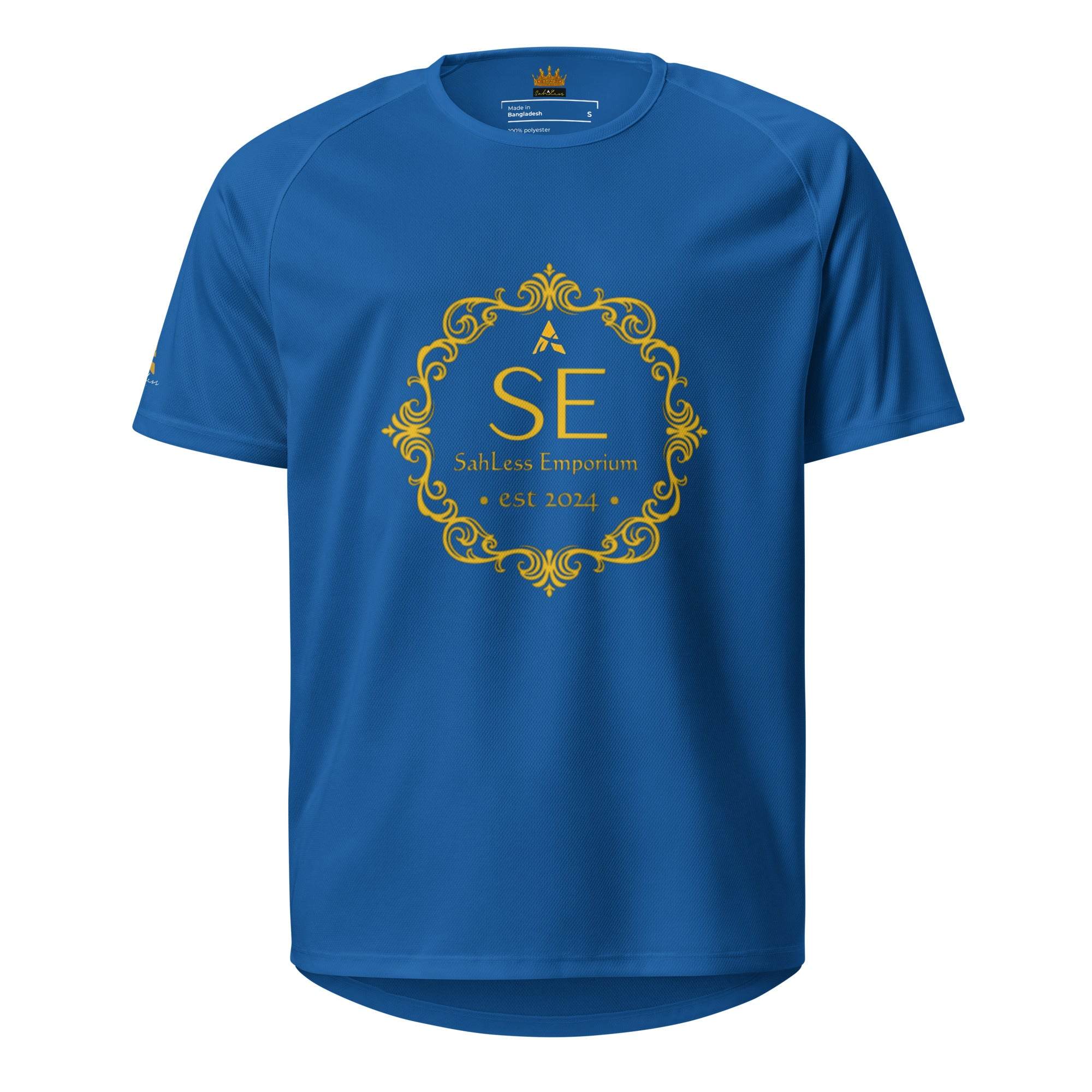 Unisex SahLess Legacy Jersey blue tee with "SahLess Emporium EST. 2024" print.